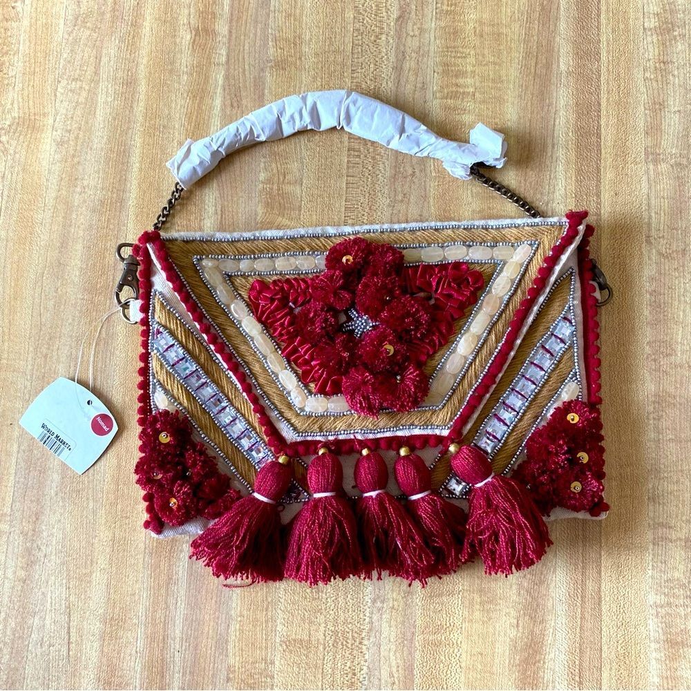WORLD MARKET Nomad Crossbody Clutch Bag Burgundy Cream Canvas Tassel Sequin NWT